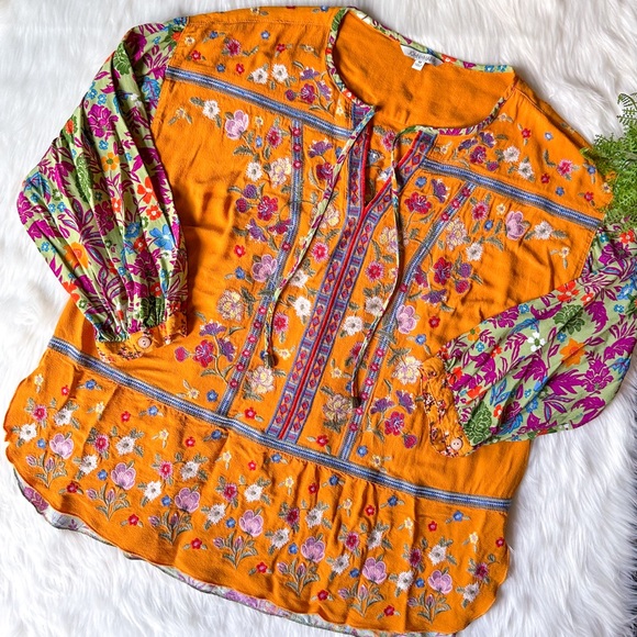 John Mark BOHO Woven Floral Embroidered Split Neck Tie Front 3/4 Sleeve Top M - Picture 2 of 7